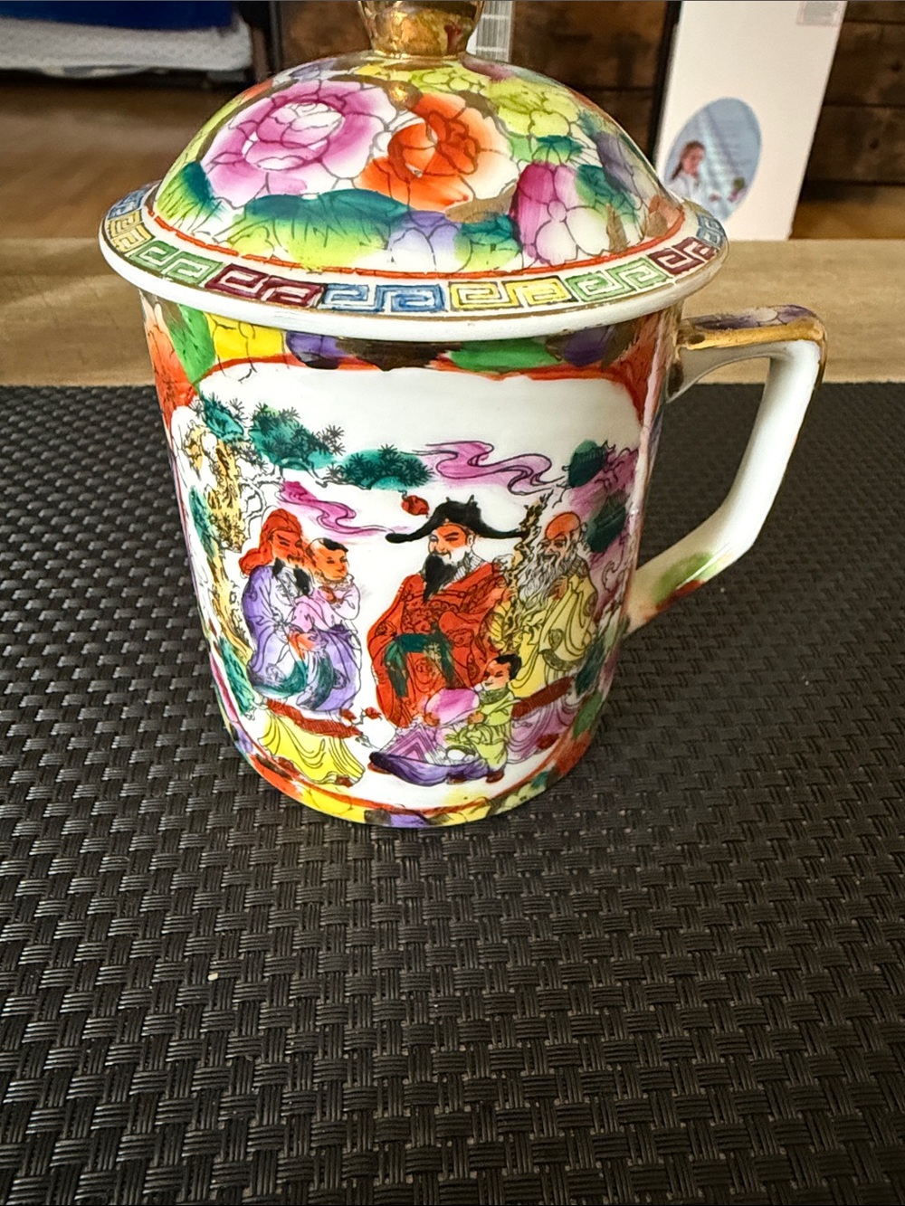 Hand-Painted Floral & Figure Porcelain Lidded Mug - Multi-color
